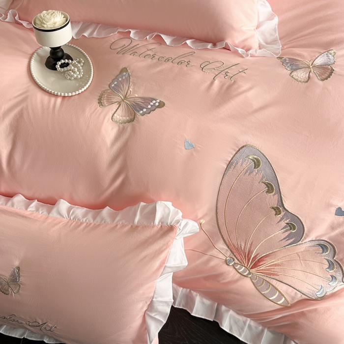 91家纺网 家纺一手货源 找家纺 （总）苏美 2025新款小清新花边水洗棉刺绣四件套