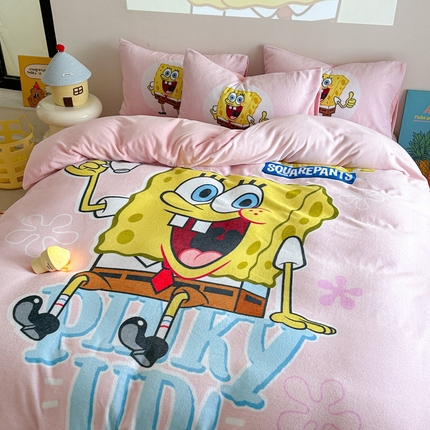 91家纺网 家纺一手货源 找家纺 （买家秀不断货）A类母婴级海绵宝宝卡通儿童双面牛奶绒四件套珊瑚绒四件套雪花绒四件套高克重牛奶绒四件套 爱喝海绵宝宝粉