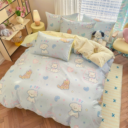 91家纺网 家纺一手货源 找家纺 名兮家居 2025新款12868全棉纯棉四件套 萌宠-蓝