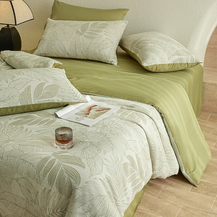 91家纺网 家纺一手货源 找家纺 2025新款全棉三层纱色织大提花四件套系列 满葵-果绿