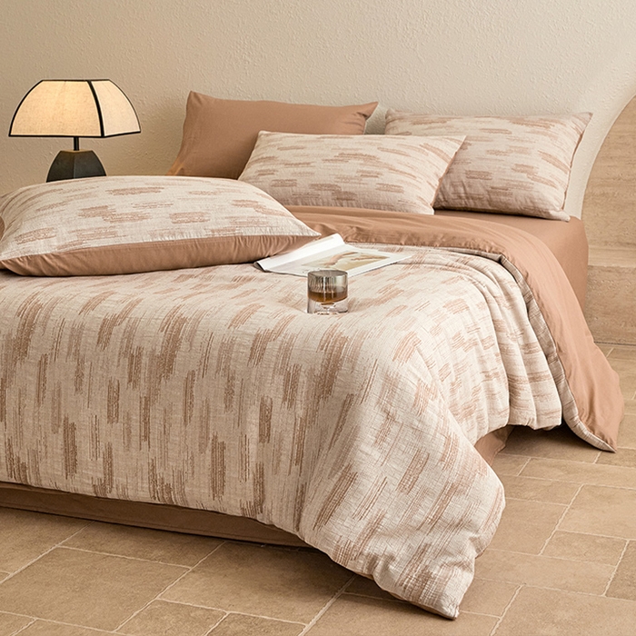 91家纺网 家纺一手货源 找家纺 2025新款全棉三层纱色织大提花四件套系列 追夏-咖