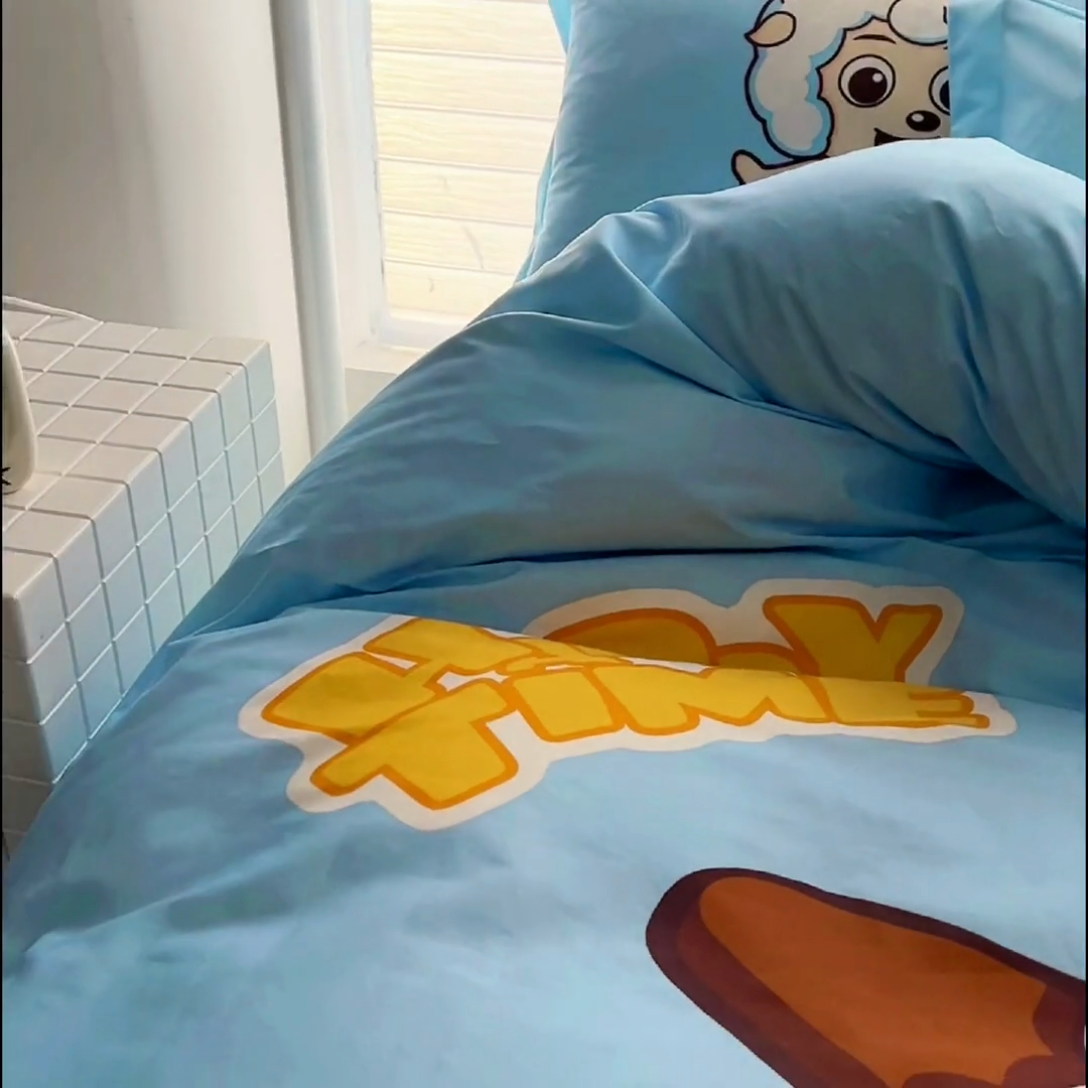 91家纺网 家纺一手货源 找家纺 浩诚 2025新款第二批正版喜羊羊灰太狼全棉卡通大版印花四件套-提供买家秀 喜气羊羊