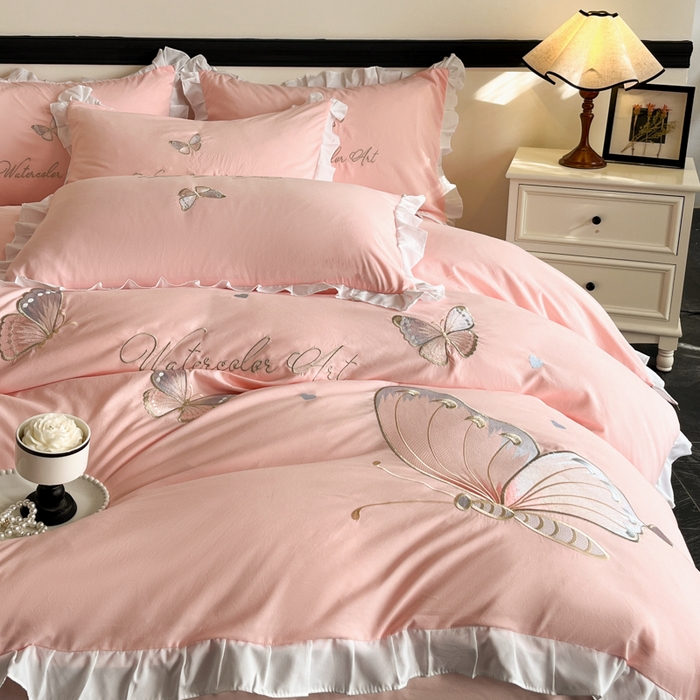 91家纺网 家纺一手货源 找家纺 （总）苏美 2025新款小清新花边水洗棉刺绣四件套