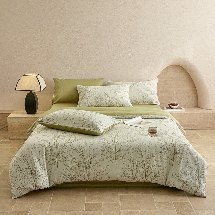 91家纺网 家纺一手货源 找家纺 2025新款全棉三层纱色织大提花四件套系列 悠南-果绿