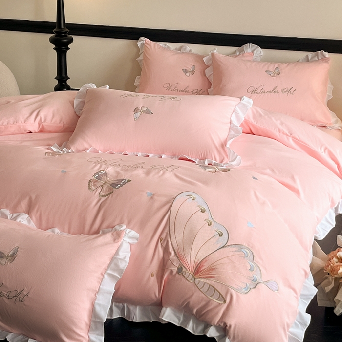 91家纺网 家纺一手货源 找家纺 （总）苏美 2025新款小清新花边水洗棉刺绣四件套