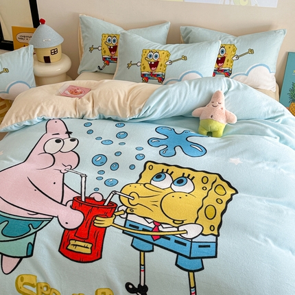 91家纺网 家纺一手货源 找家纺 （总）（买家秀不断货）A类母婴级海绵宝宝卡通儿童双面牛奶绒四件套珊瑚绒四件套雪花绒四件套高克重牛奶绒四件套