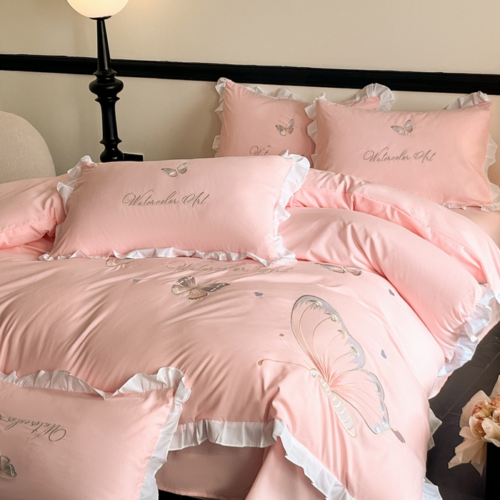 91家纺网 家纺一手货源 找家纺 （总）苏美 2025新款小清新花边水洗棉刺绣四件套