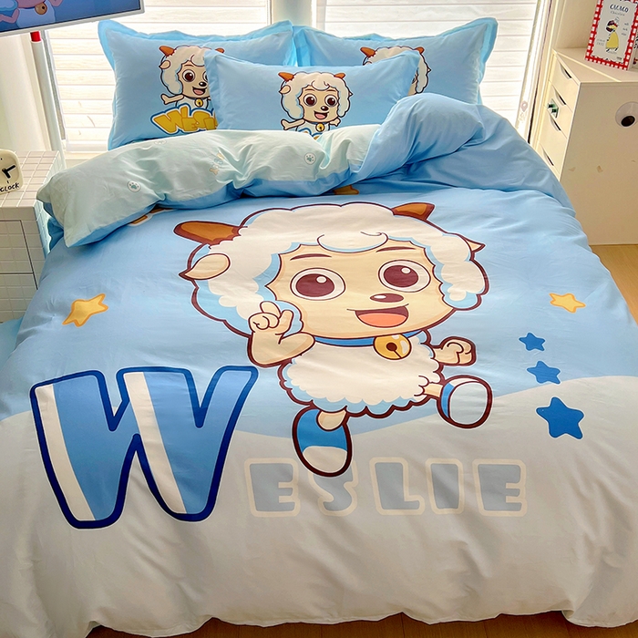 91家纺网 家纺一手货源 找家纺 浩诚 2025新款第二批正版喜羊羊灰太狼全棉卡通大版印花四件套-提供买家秀 喜气羊羊