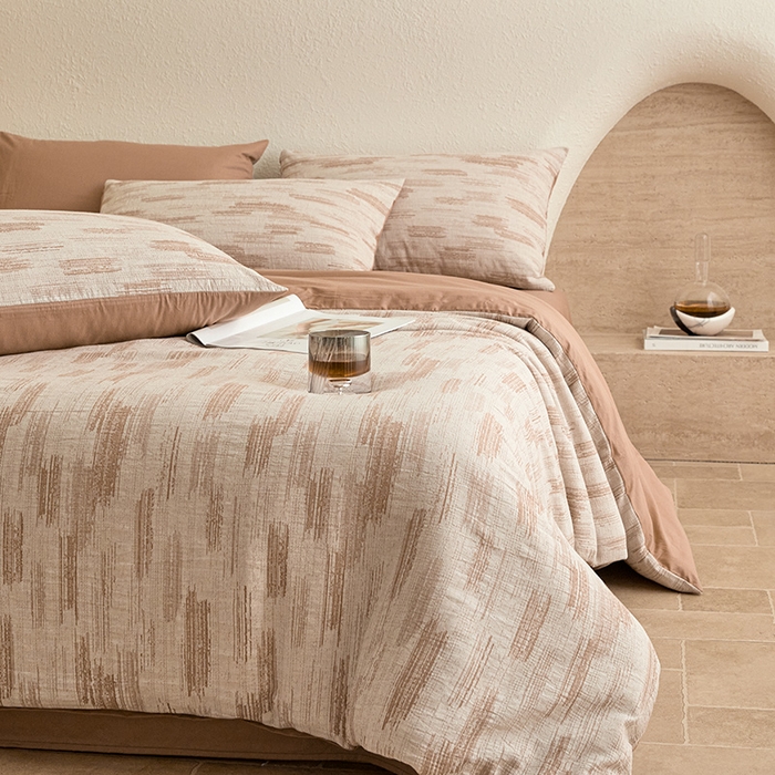 91家纺网 家纺一手货源 找家纺 2025新款全棉三层纱色织大提花四件套系列 追夏-咖