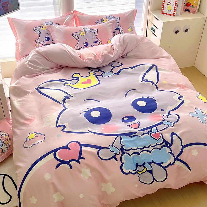 91家纺网 家纺一手货源 找家纺 浩诚 2025新款第二批正版喜羊羊灰太狼全棉卡通大版印花四件套-提供买家秀 甜蜜蜜红太狼