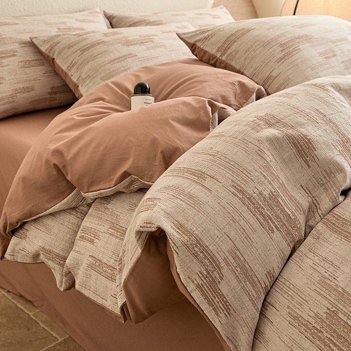 91家纺网 家纺一手货源 找家纺 2025新款全棉三层纱色织大提花四件套系列 追夏-咖