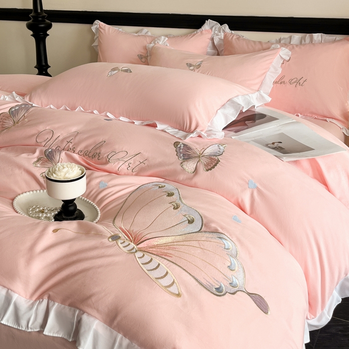 91家纺网 家纺一手货源 找家纺 （总）苏美 2025新款小清新花边水洗棉刺绣四件套