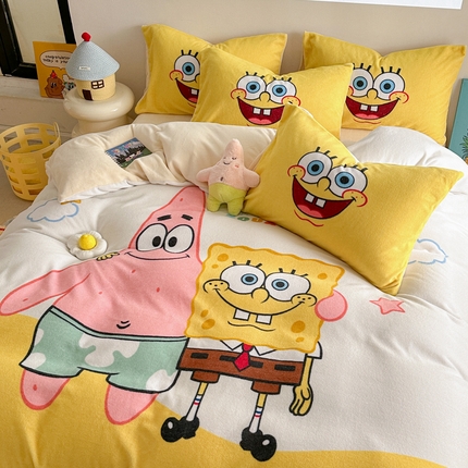 91家纺网 家纺一手货源 找家纺 （总）（买家秀不断货）A类母婴级海绵宝宝卡通儿童双面牛奶绒四件套珊瑚绒四件套雪花绒四件套高克重牛奶绒四件套