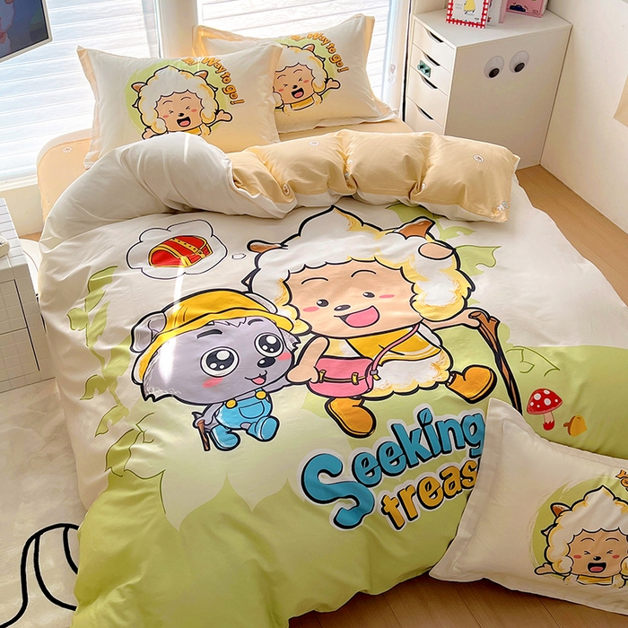 91家纺网 家纺一手货源 找家纺 浩诚 2025新款第二批正版喜羊羊灰太狼全棉卡通大版印花四件套-提供买家秀 去寻宝