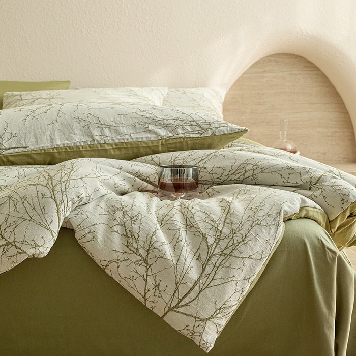 91家纺网 家纺一手货源 找家纺 2025新款全棉三层纱色织大提花四件套系列 悠南-果绿