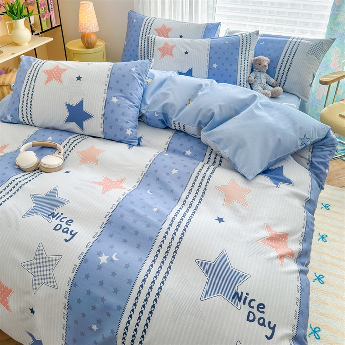 91家纺网 家纺一手货源 找家纺 名兮家居 2025新款12868全棉纯棉四件套 蓝色甜星