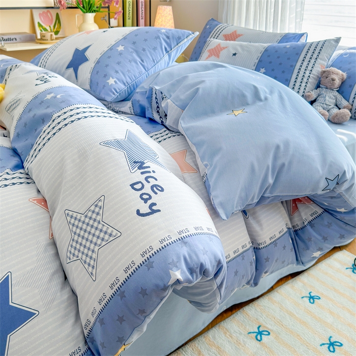 91家纺网 家纺一手货源 找家纺 名兮家居 2025新款12868全棉纯棉四件套 蓝色甜星