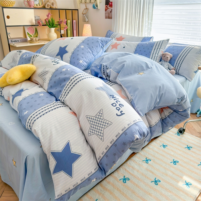 91家纺网 家纺一手货源 找家纺 名兮家居 2025新款12868全棉纯棉四件套 蓝色甜星