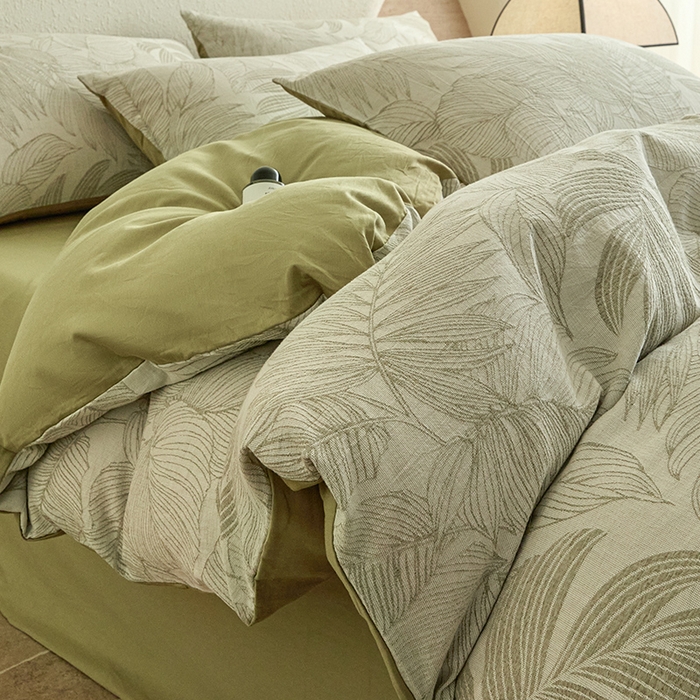 91家纺网 家纺一手货源 找家纺 2025新款全棉三层纱色织大提花四件套系列 满葵-果绿