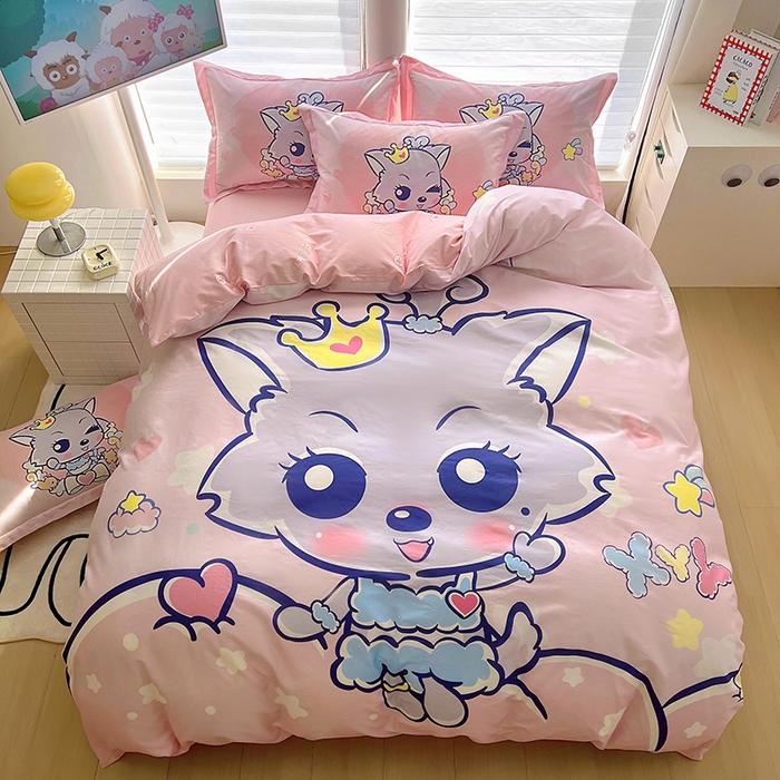 91家纺网 家纺一手货源 找家纺 浩诚 2025新款第二批正版喜羊羊灰太狼全棉卡通大版印花四件套-提供买家秀 甜蜜蜜红太狼