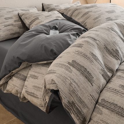 91家纺网 家纺一手货源 找家纺 2025新款全棉三层纱色织大提花四件套系列 追夏-深灰