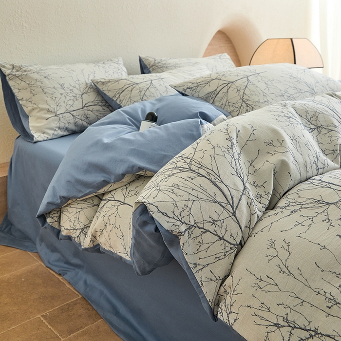 91家纺网 家纺一手货源 找家纺 2025新款全棉三层纱色织大提花四件套系列 悠南-深兰