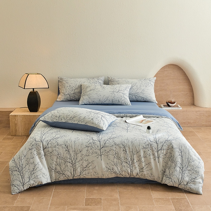 91家纺网 家纺一手货源 找家纺 2025新款全棉三层纱色织大提花四件套系列 悠南-深兰