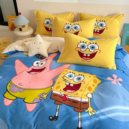 91家纺网 家纺一手货源 找家纺 （总）（买家秀不断货）A类母婴级海绵宝宝卡通儿童双面牛奶绒四件套珊瑚绒四件套雪花绒四件套高克重牛奶绒四件套