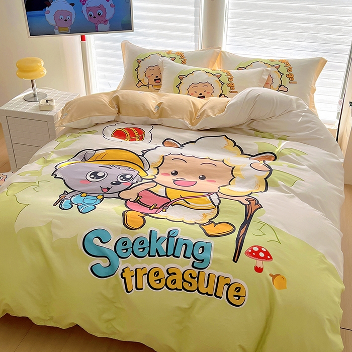 91家纺网 家纺一手货源 找家纺 浩诚 2025新款第二批正版喜羊羊灰太狼全棉卡通大版印花四件套-提供买家秀 去寻宝