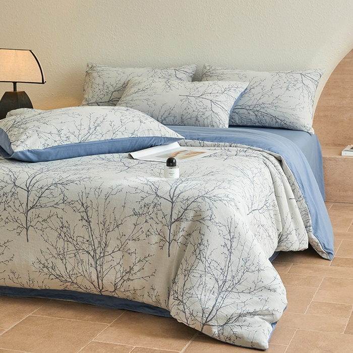 91家纺网 家纺一手货源 找家纺 2025新款全棉三层纱色织大提花四件套系列 悠南-深兰