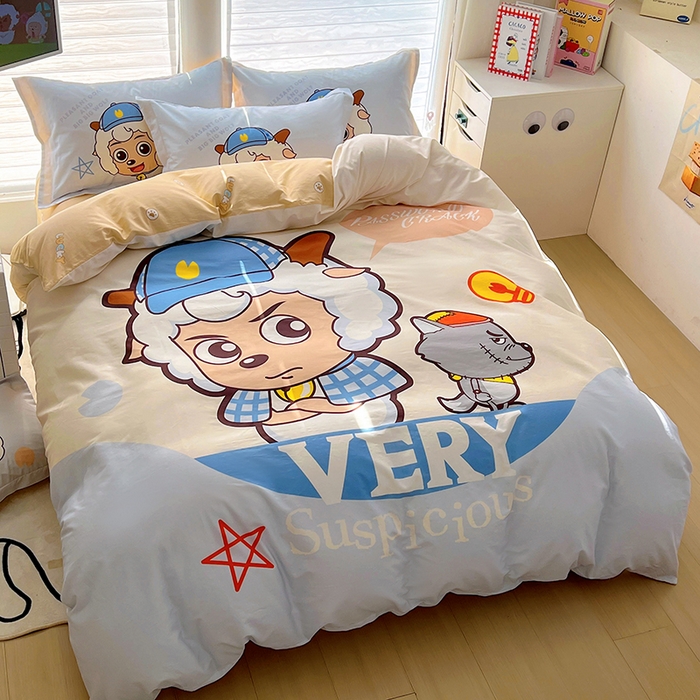 91家纺网 家纺一手货源 找家纺 浩诚 2025新款第二批正版喜羊羊灰太狼全棉卡通大版印花四件套-提供买家秀 羊羊乐