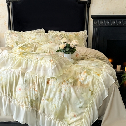 你好美丽 2025新款高克重数码印花水洗棉蕾丝四件套-春日 春日黄