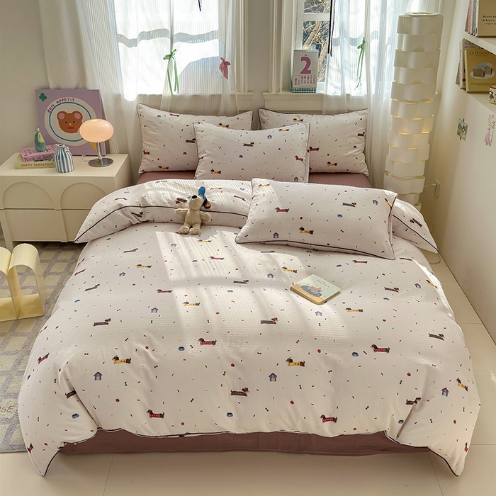 91家纺网 家纺一手货源 找家纺 沐棉家居 2025新款全棉双层纱四件套 腊肠狗