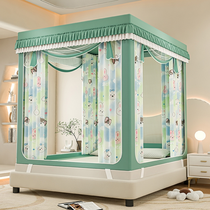 91家纺网 家纺一手货源 找家纺 千逸虹 2025新款坐床防摔可拆卸遮光双层布帘蚊帐 萌宠来袭