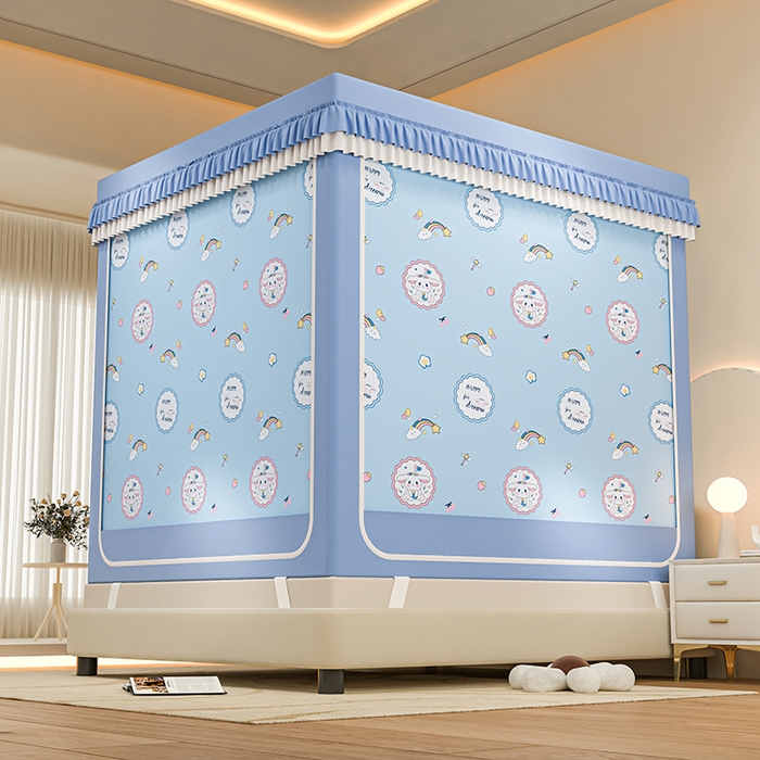 91家纺网 家纺一手货源 找家纺 千逸虹 2025新款坐床防摔可拆卸遮光双层布帘蚊帐 彩虹兔