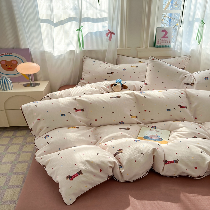 91家纺网 家纺一手货源 找家纺 沐棉家居 2025新款全棉双层纱四件套 腊肠狗