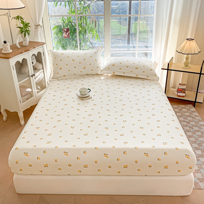 91家纺网 家纺一手货源 找家纺 晨希家居 2025新款全棉A类双层纱床笠 小柠檬