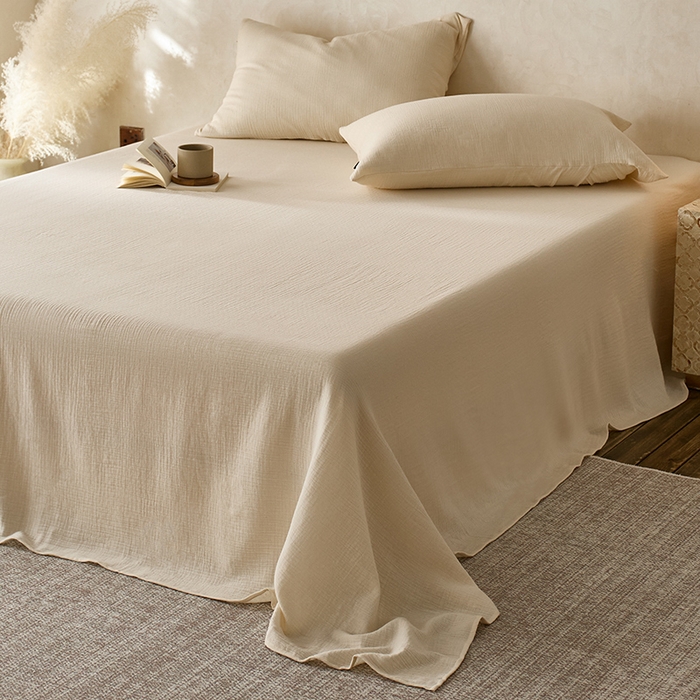 91家纺网 家纺一手货源 找家纺 蓝邻 2025新款全棉双层皱皱纱单品系列-单床单 奶昔白