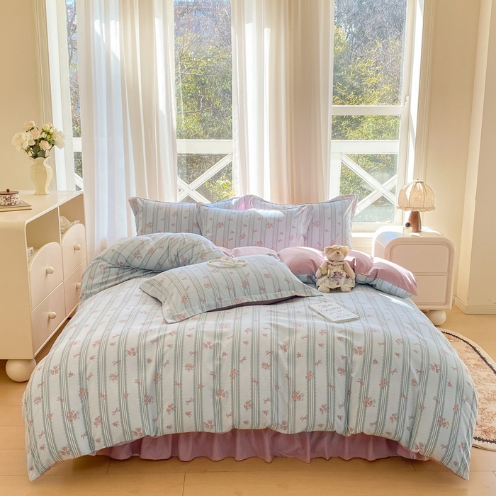 91家纺网 家纺一手货源 找家纺 尚美 2025新款小碎花针织棉床盖四件套 梅兰