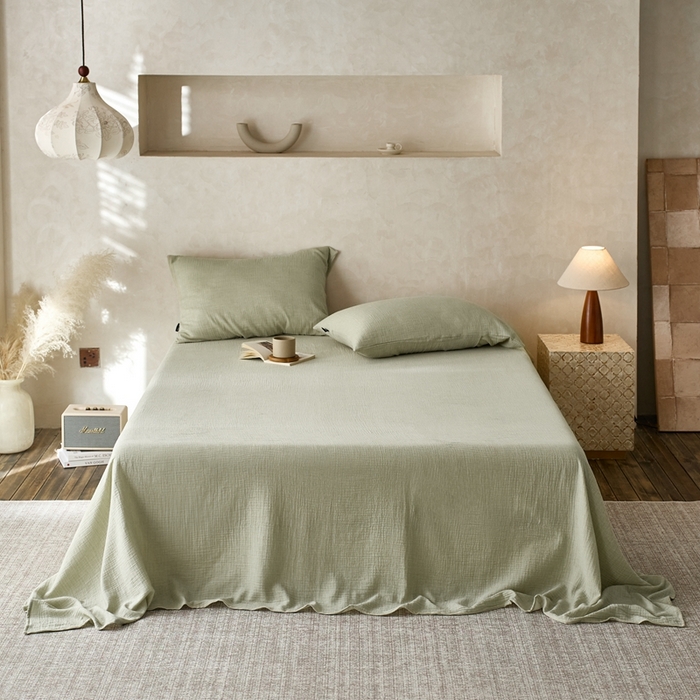 91家纺网 家纺一手货源 找家纺 蓝邻 2025新款全棉双层皱皱纱单品系列-单床单 牛油果绿