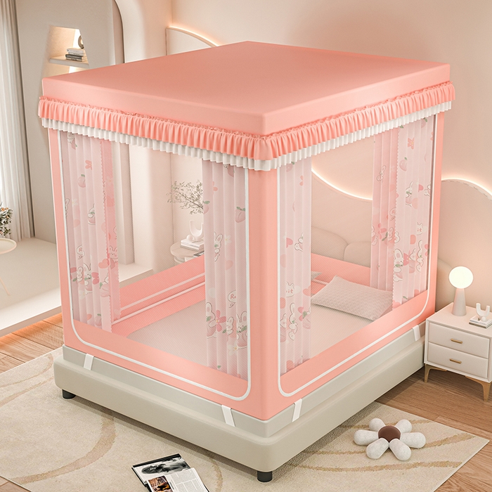 91家纺网 家纺一手货源 找家纺 千逸虹 2025新款坐床防摔可拆卸遮光双层布帘蚊帐 水蜜桃兔