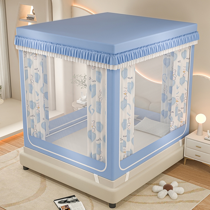 91家纺网 家纺一手货源 找家纺 千逸虹 2025新款坐床防摔可拆卸遮光双层布帘蚊帐 甜蜜小熊