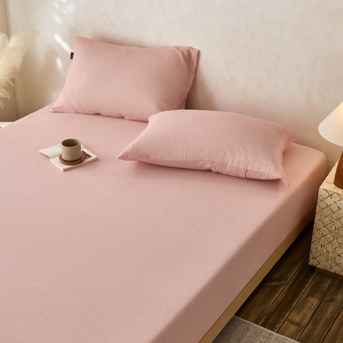 91家纺网 家纺一手货源 找家纺 蓝邻 2025新款全棉双层皱皱纱单品系列-单床笠 蔷薇粉