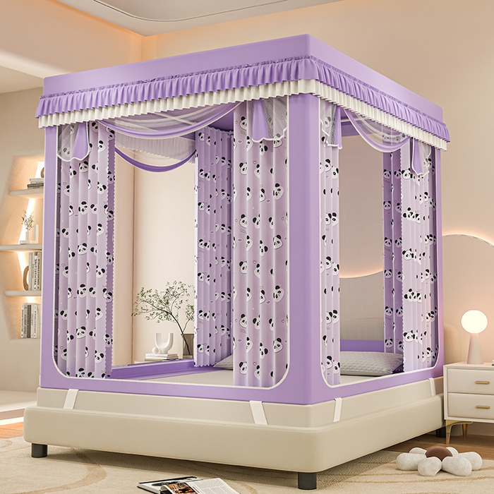 91家纺网 家纺一手货源 找家纺 千逸虹 2025新款坐床防摔可拆卸遮光双层布帘蚊帐 爱心熊猫