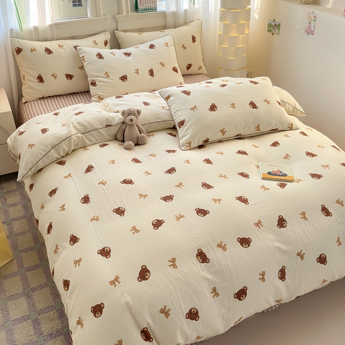 91家纺网 家纺一手货源 找家纺 沐棉家居 2025新款全棉双层纱四件套 迷你熊