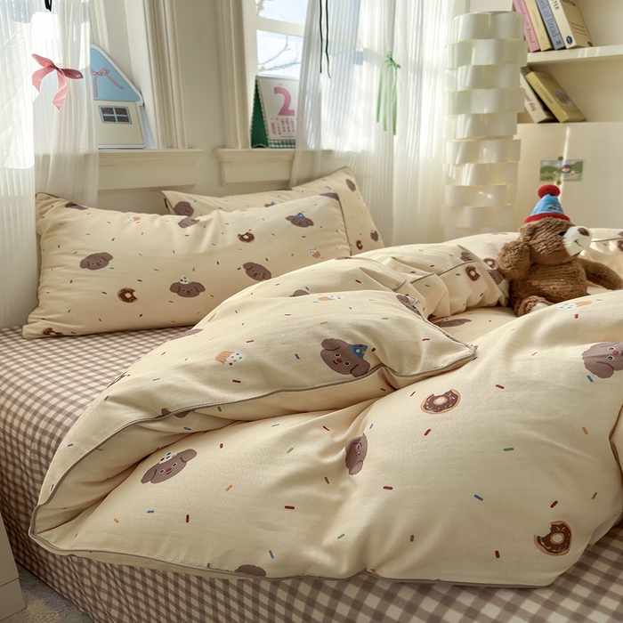 91家纺网 家纺一手货源 找家纺 沐棉家居 2025新款全棉双层纱四件套 狗狗派对