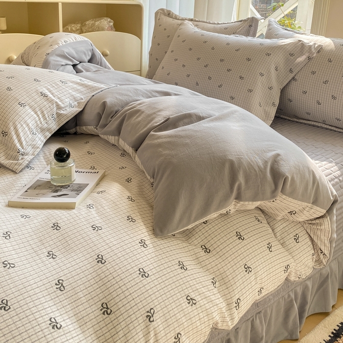 91家纺网 家纺一手货源 找家纺 尚美 2025新款小碎花针织棉床盖四件套 开心结