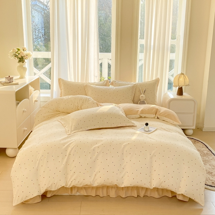 91家纺网 家纺一手货源 找家纺 尚美 2025新款小碎花针织棉床盖四件套 奶油波点