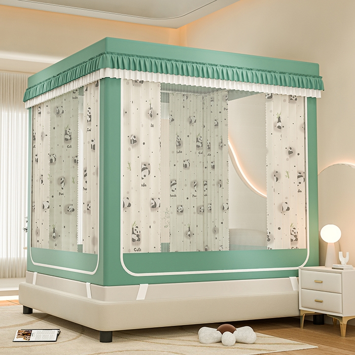 91家纺网 家纺一手货源 找家纺 千逸虹 2025新款坐床防摔可拆卸遮光双层布帘蚊帐 熊猫世界