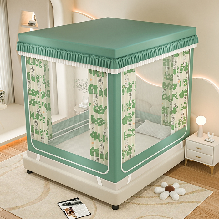 91家纺网 家纺一手货源 找家纺 千逸虹 2025新款坐床防摔可拆卸遮光双层布帘蚊帐 字母宝贝